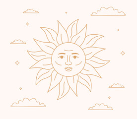 A mystical outlined sun with face. Golden celestial artwork, graphic insignia.