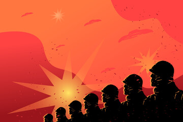 Black silhouettes of a line of soldiers against a background of red sky and explosions, the concept of militarization and mobilization in a war zone.