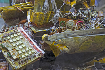 Details of electronics of destroyed Russian missile. Old russian military microcircuits wires and...
