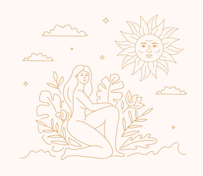 Mystical outlined artwork with a naked woman in leaves, a sun with face and clouds above her. Golden celestial illustration.