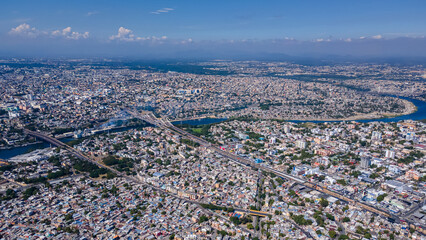Beautiful aerial view of the City of San Domingo, its buildings and Caribbean ocean, in Dominican Republic
