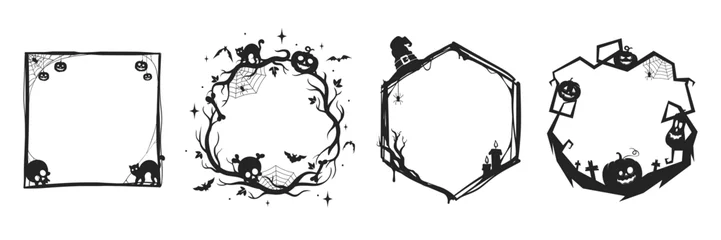 Tuinposter Halloween frames set with silhouettes of pumpkins, bats, spiderweb, tree branches. Halloween border collection isolated on white. Design element for card, poster, text decoration. Vector illustration. © alexandertrou