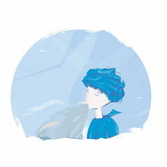 Colorful boy with blue hair and dressed with sailor suit kissing a dolphin that is jumping out of the water. Kid boy and dolphin on the circle background imaging a sea with waves,  seagulls.  