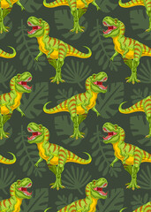 Fototapeta na wymiar Cartoon tyrannosaurus with palm leaves. Vector seamless pattern