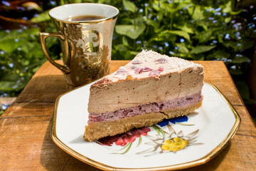 Homemade cake in garden following aristocratic style 