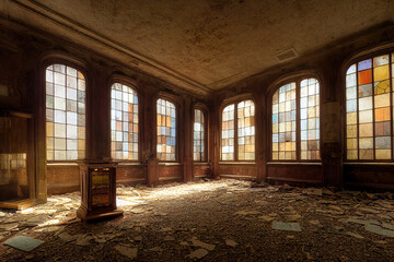 Interior of a beautiful abandoned victorian library, architecture background, 3d render, 3d illustration