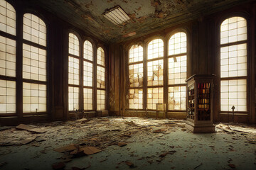 Fototapeta na wymiar Interior of a beautiful abandoned victorian library, architecture background, 3d render, 3d illustration