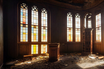 Fototapeta premium Interior of a beautiful abandoned victorian library, architecture background, 3d render, 3d illustration