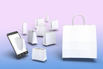 Concept of buying over the internet. 3d render. Paper shopping bags. Place for the logo.
