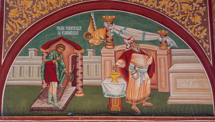 An icon representing the parable of the tax collector and the Pharisee at the Salva monastery -...
