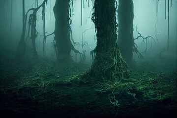 Generative AI A beautiful and eerie green swamp environment. Digital 3D illustration made to look like photography with no reference - obrazy, fototapety, plakaty