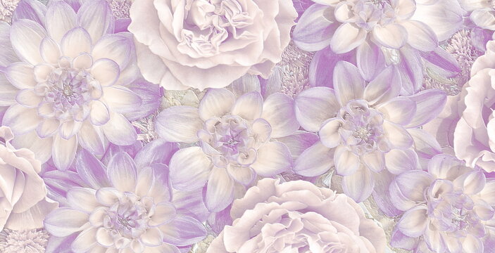 Relief of roses and dahlias in retro tone. Purple floral background. 3D illustration. 3D render