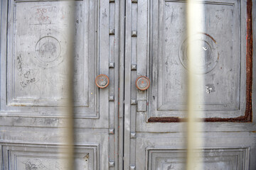 A wooden door at the tribune of the Zeppelin field at the former Nazi Party Rally Grounds in...