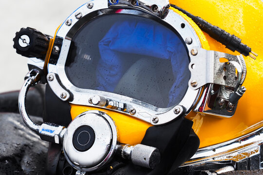 Modern deep sea diving helmet used at depths of 1500 ft. Deep sea equipment