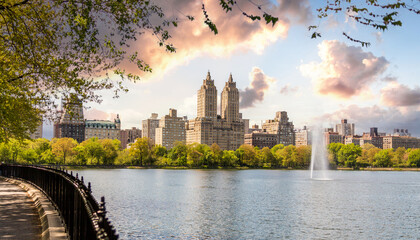 Skyline panorama with Eldorado building and reservoir with fountain in Central Park in midtown...
