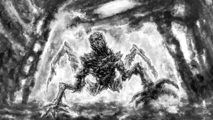 Evil alien mutant in dark bunker. Scary halloween walking monster. Illustration in horror fiction genre. Spooky image of beast from nightmares. Gloomy character concept art. Black and white.