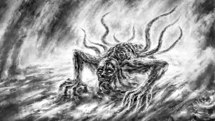 Evil alien mutant in dark bunker illustration. Scary halloween crawling monster with tentacles. Horror fiction genre. Spooky image beast from nightmares. Gloomy character concept art. Black and white.
