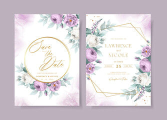 Beautiful floral wedding invitation template set with purple roses and leaves decoration