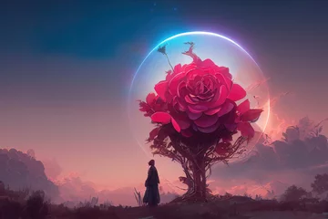 Cercles muraux Couleur saumon Fantasy rose in the background of the landscape. Fairytale mountain landscape with flowers. Beautiful pink rose, flowers. Fantasy flower garden, magic. 3D illustration.