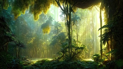 Magical dark fairy tale forest, neon sunset, rays of light through the trees. Fantasy forest landscape. Unreal world, moss. 3D illustration.