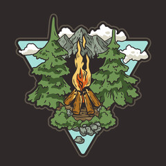 Outdoor wild camping print. Mountains adventure. Wanderlust summer forest explore