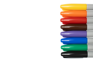 Rainbow of Colors Permanent Markers Laying on side Side View Isolated on White Background no shadow room for copy