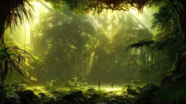 Magical dark fairy tale forest, neon sunset, rays of light through the trees. Fantasy forest landscape. Unreal world, moss. 3D illustration. © MiaStendal