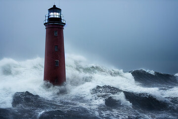 Lighthouse in a storm, waves attacking the tower, 3d render, 3d illustration