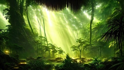 Obraz premium Magical dark fairy tale forest, neon sunset, rays of light through the trees. Fantasy forest landscape. Unreal world, moss. 3D illustration.