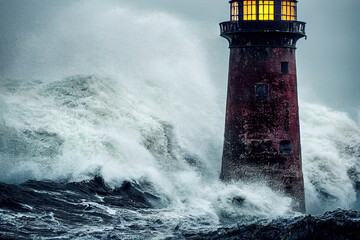 Lighthouse in a storm, waves attacking the tower, 3d render, 3d illustration