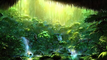 Magical dark fairy tale forest, neon sunset, rays of light through the trees. Fantasy forest landscape. Unreal world, moss. 3D illustration.