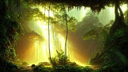 Fototapeta na wymiar Magical dark fairy tale forest, neon sunset, rays of light through the trees. Fantasy forest landscape. Unreal world, moss. 3D illustration.