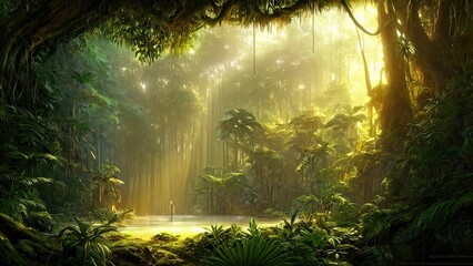 Magical dark fairy tale forest, neon sunset, rays of light through the trees. Fantasy forest landscape. Unreal world, moss. 3D illustration.