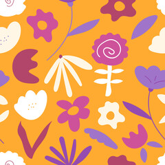Hand drawn floral retro print for fabric, wallpaper, packaging, wrapping paper, web banner and social media. Colorful vintage seamless pattern design. Modern flowers vector background.