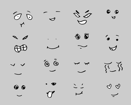 Set of emotional hand drawn faces.Smile different emotions.
