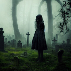 Lonely girl in creepy graveyard