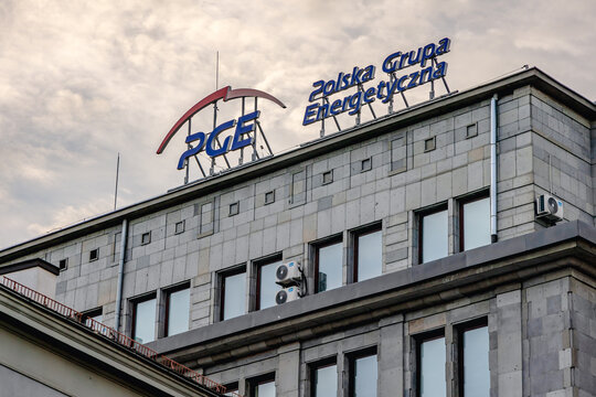 Warsaw, Poland - August 28, 2021: PGE Polska Grupa Energetyczna sign on a company headquarters in Warsaw