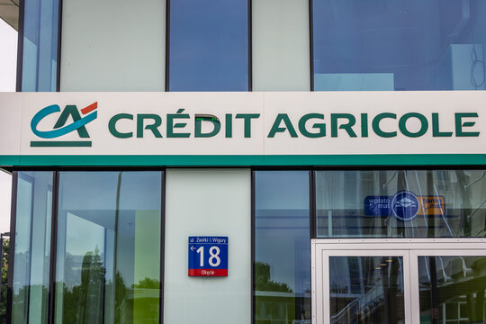 Warsaw, Poland - August 30, 2021: Sign on a Credit Agricole branch office in Warsaw