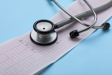 Stethoscope and cardiogram paper on light blue background, closeup