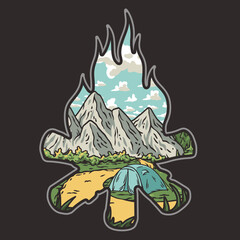 Adventure print in the form of campfire. Wild life in nature and outdoor forest camping