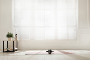 Exercise mat with ab roller near window in spacious room