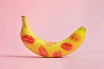 Banana covered with red lipstick marks on light pink background. Potency concept - obrazy, fototapety, plakaty