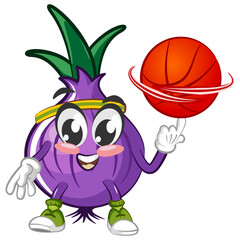 vector illustration of cartoon character of onion playing basketball