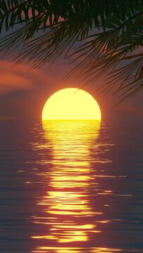 Late evening at sea. Sunset under palm leaves . Verticale looped animation.
