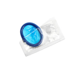 Torn condom package isolated on white, top view. Safe sex