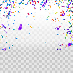 Grand opening ceremony with purple confetti, for Retail, Shopping or Black Friday Promotion in style summer festival background with colorful air balloons and garlands.