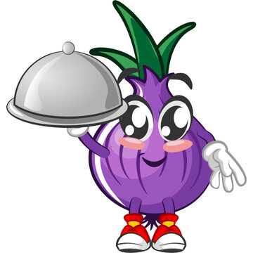 vector illustration of cartoon character of the waiter's onion bringing the dish