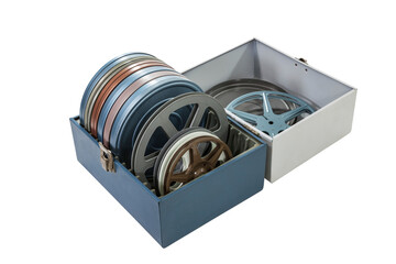 Case of vintage film cans and reels isolated.