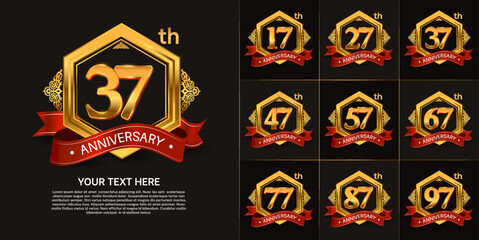 set of anniversary with golden color and red ribbon can be use for celebration moment