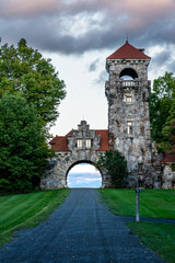 New Paltz, NY - USA - Sept. 22, 2022 Vertical golden hour view of the historic Testimonial Gateway...
